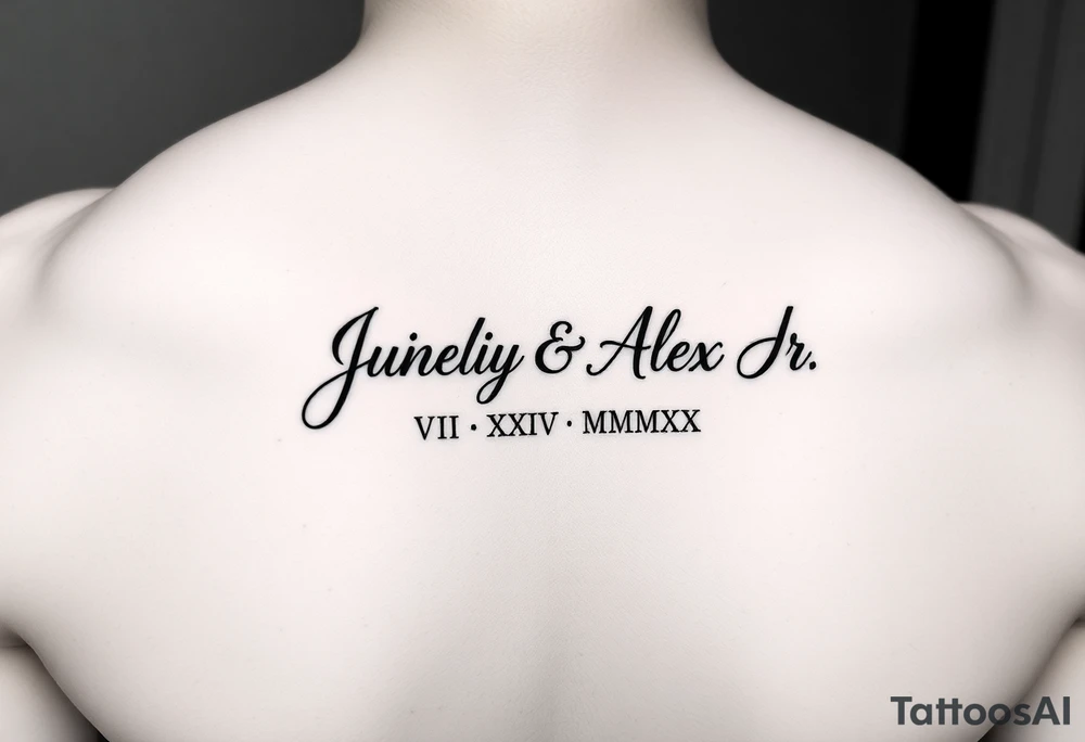 Junelyn & Alex Jr in cursive font  VI·IX·MMXIX VII·XXVII·MMXX on a forearm tattoo idea
