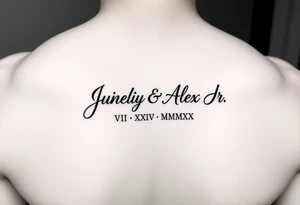 Junelyn & Alex Jr in cursive font  VI·IX·MMXIX VII·XXVII·MMXX on a forearm tattoo idea