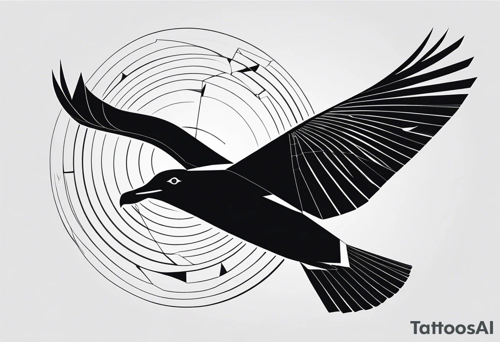 Black and white silhouette illustration of a sideview albatross flying, composed of geometric shapes such as circles, lines, and polygons. The albatross is designed with clean, sharp angles and flowing curves, representing its wings and body in a minimalist, geometric style. Surrounding the bird are intricate geometric patterns, including concentric circles, sharp lines, and angular polygons. Cybernetic or mechanical accents are incorporated into the design, resembling digital grids or circuits, seamlessly integrated into the albatross's silhouette. The overall style is fine line, using only black and gray ink to maintain a sleek, modern aesthetic. tattoo idea
