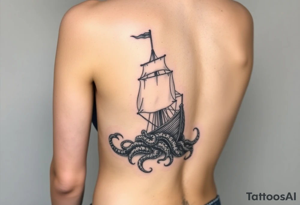 Vertical female side and hip tattoo pirate ship getting sunk by the kraken tattoo idea