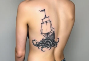 Vertical female side and hip tattoo pirate ship getting sunk by the kraken tattoo idea
