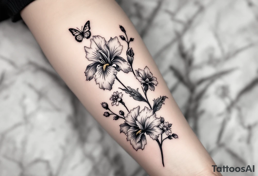 tatoo on forearm with Irises flowers, cherry blossom and a little butterfly tattoo idea