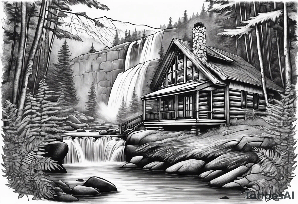 Cabin with ferns around it and a buck by a waterfall tattoo idea