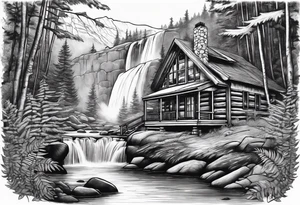 Cabin with ferns around it and a buck by a waterfall tattoo idea