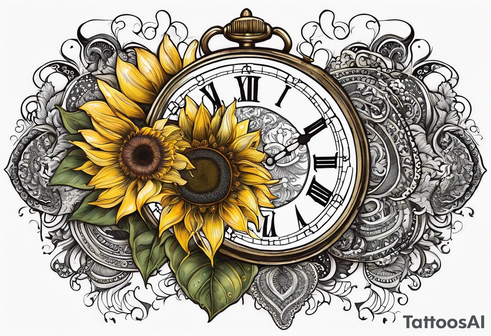 Sunflower, paisley, moon, 3 old fashioned pocket watches, witchy tattoo idea