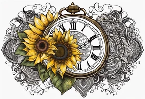 Sunflower, paisley, moon, 3 old fashioned pocket watches, witchy tattoo idea