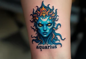 A half-human, half-aquatic being, with waterlike gills and baby blue skintone with word "aquarius" underneath tattoo idea