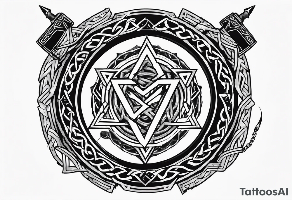 Valhalla round shield axe
Valknut barbed wire chains tattoo idea Valhalla round shield axe
Valknut barbed wire chains tattoo idea