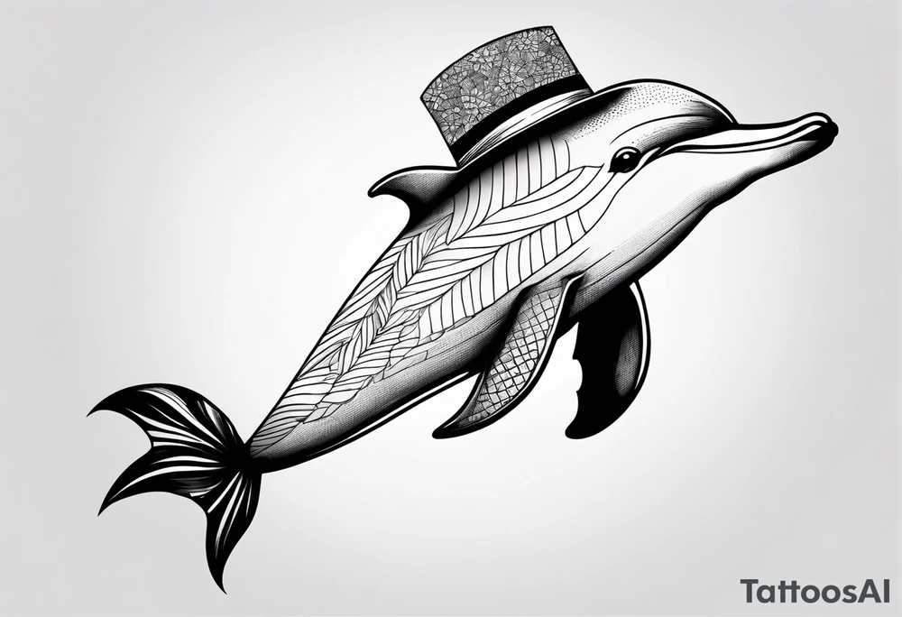 One dolphin wearing a party hat. Side view tattoo idea