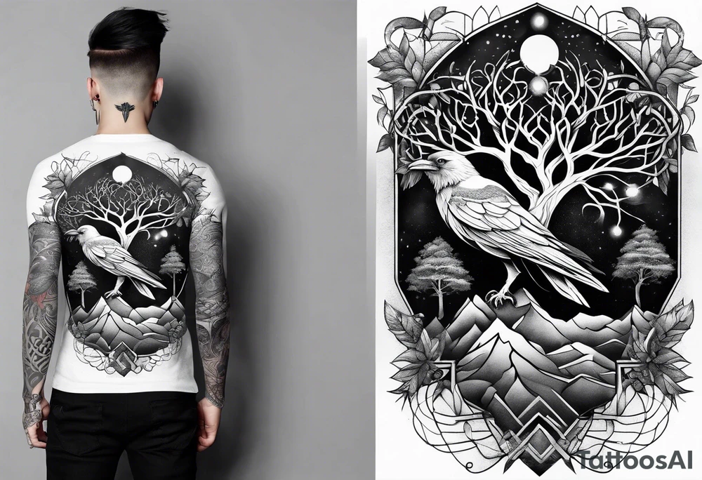 world tree with a raven and knotwork sleeve tattoo tattoo idea