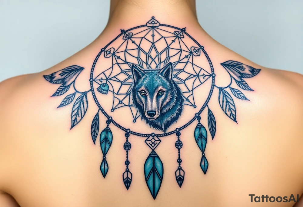 Dreamcatcher with zodiac symbols and protection runes caught in it with wolf teal tattoo idea