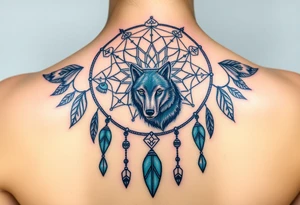 Dreamcatcher with zodiac symbols and protection runes caught in it with wolf teal tattoo idea