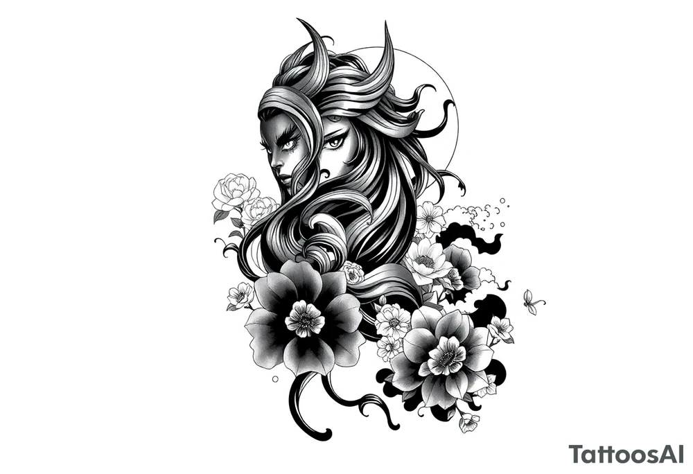 Full sleeve tattoo design for a male arm, wrapping from shoulder to wrist.  featuring a beautiful female oni (demon woman) with an elegant, mysterious expression, one hand partially covering her face, long flowing hair integrated into bold wind bars and wave patterns, large chrysanthemums and peonies weaving through the composition. Strong negative space with large black fills, bold flowing shapes, and smooth grey shading. Traditional Japanese cloud and water motifs in the background, balanced composition with the oni face as the main focal point on the upper arm, seamless flow down the arm to the wrist. High contrast black and grey, crisp linework, dynamic and dramatic. tattoo idea