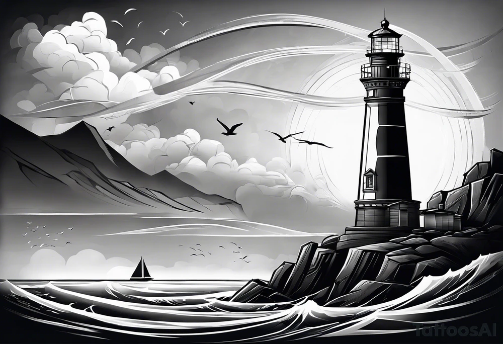 maritime lighthouse partially hidden by its  large fixed sails. tattoo idea