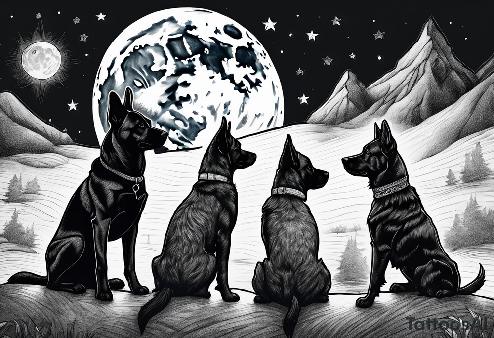 Blacked out dogs under moon tattoo idea