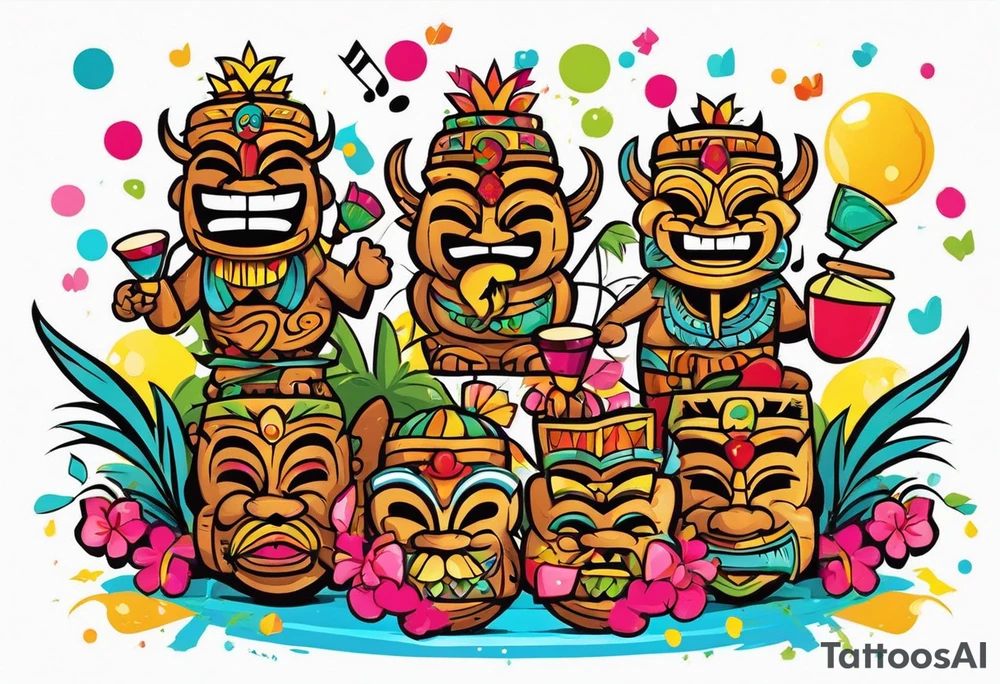 tiki party with dancing tiki guys and sexy tiki girls with music notes and confetti tattoo idea
