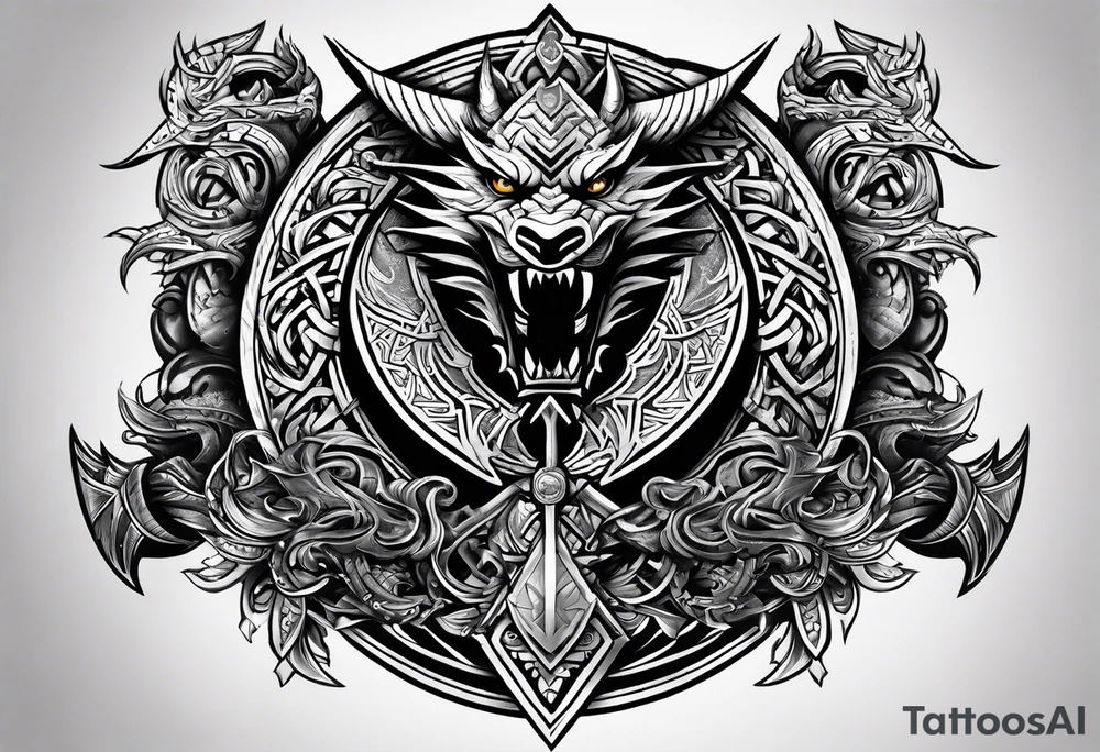 Valhalla sword shield dragon axe Valknut tribal tattoo idea Valhalla sword shield dragon axe Valknut tribal tattoo idea
