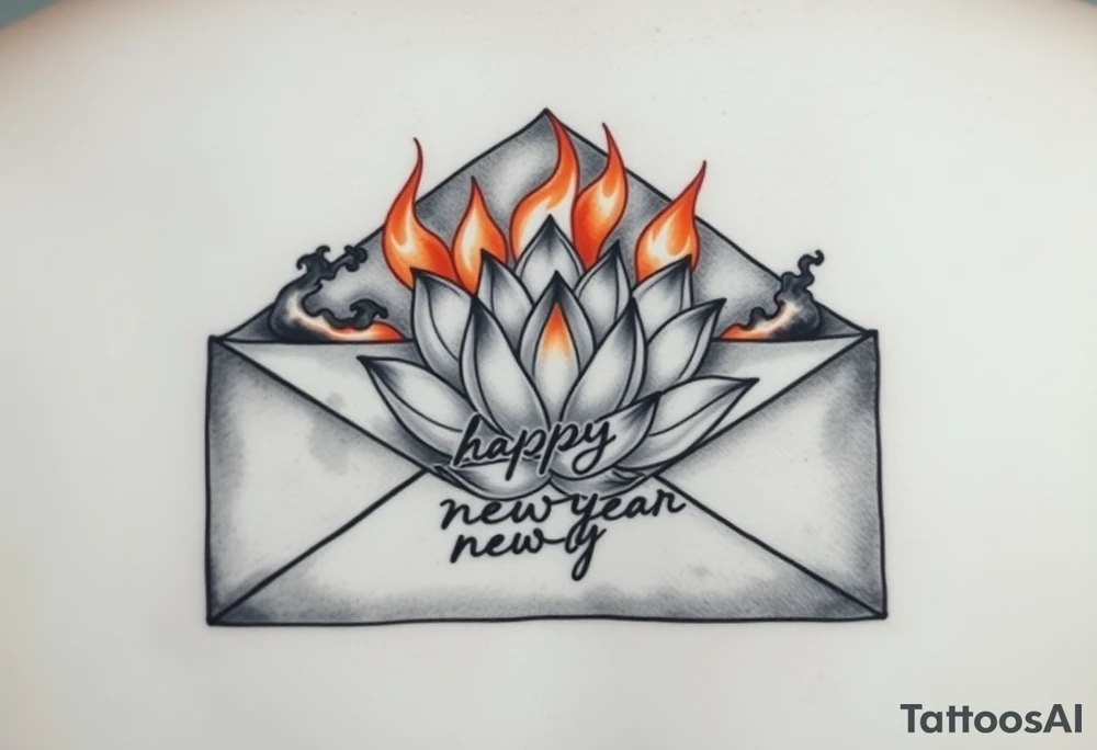burning envelope with flames, charred paper texture, partially burnt edges, smoke and sparks   lotus flower surrounding envelope, watercolor lotus with gradient petals, traditional ink style lotus   handwritten text "hamburger, happy newyear", vintage cursive font on burnt paper, faded ink effect   neo-traditional tattoo, ink wash lotus, blackwork shading tattoo idea