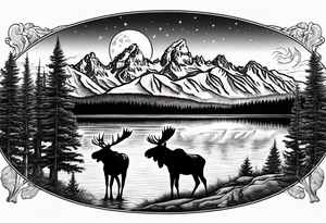 Half sleeve of Teton mountain range with moon in the sky, two moose in front of Teton lake and some fir trees tattoo idea