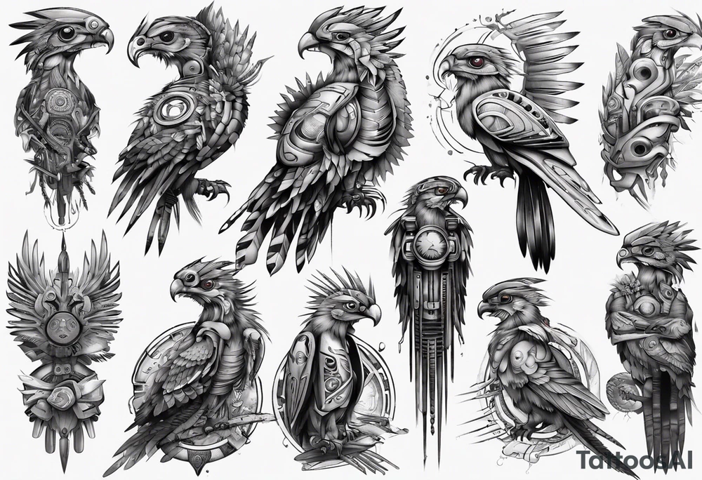 Cyberpunk Guatemalan Quetzal tattoo idea