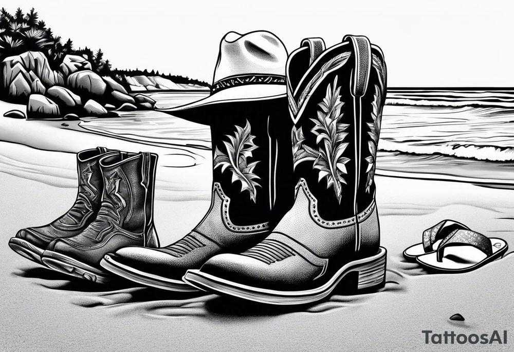 Keep it simple. A pair of outdoor boots next to two flip flops and a cowboyhat on the Beach. tattoo idea