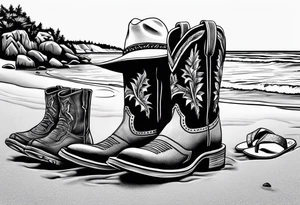 Keep it simple. A pair of outdoor boots next to two flip flops and a cowboyhat on the Beach. tattoo idea