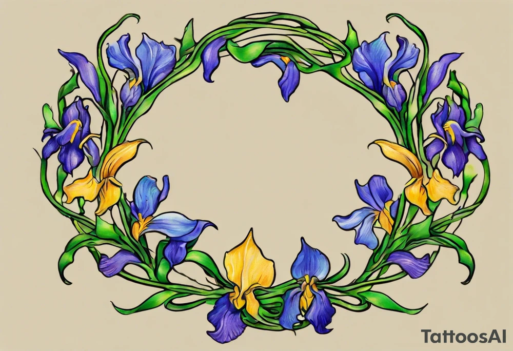 Create a small thick colorful Vincent van Gogh Irises tattoo , with vines in Celtic knots gracefully intertwining at a central point in the middle of the wreath.  The intended placement is on the upper chest. The overall design should be small in size while maintaining a delicate and artistic aesthetic. Pay attention to the graceful flow of the vines and the placement of the irises to achieve a refined and elegant look. tattoo idea