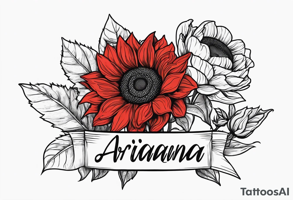 Sunflower and roses with the name Arianna in red scrip letters and “you are my sunshine” tattoo idea