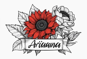 Sunflower and roses with the name Arianna in red scrip letters and “you are my sunshine” tattoo idea