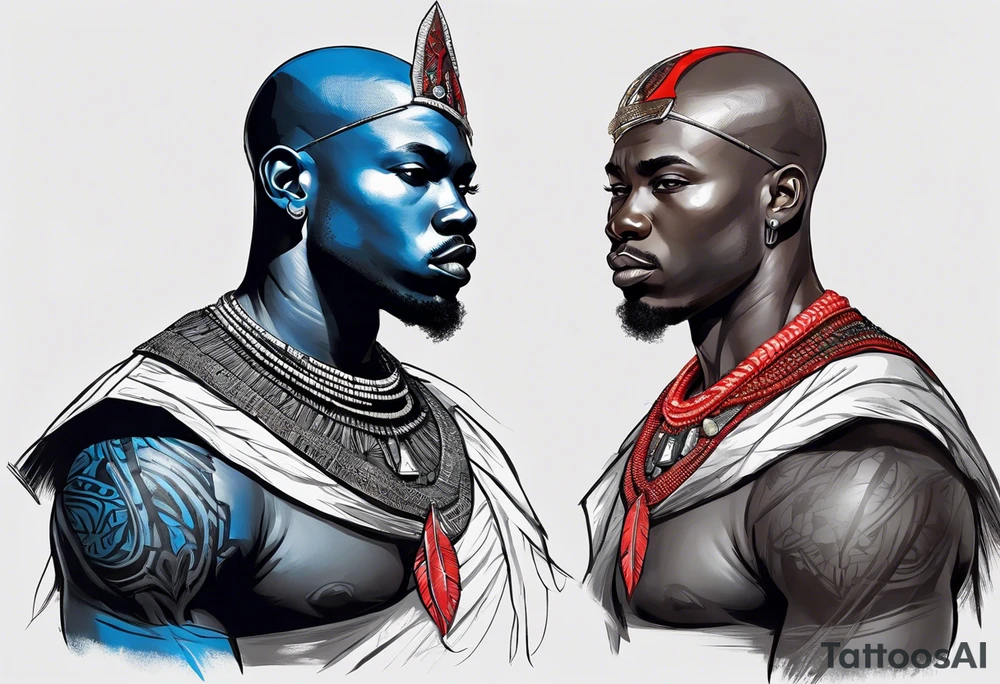 Black-skinned bald african warrior. He wears a simple and small silver crown. He wears two simple necklaces: one blue, other red. tattoo idea