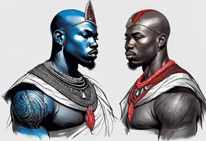 Black-skinned bald african warrior. He wears a simple and small silver crown. He wears two simple necklaces: one blue, other red. tattoo idea