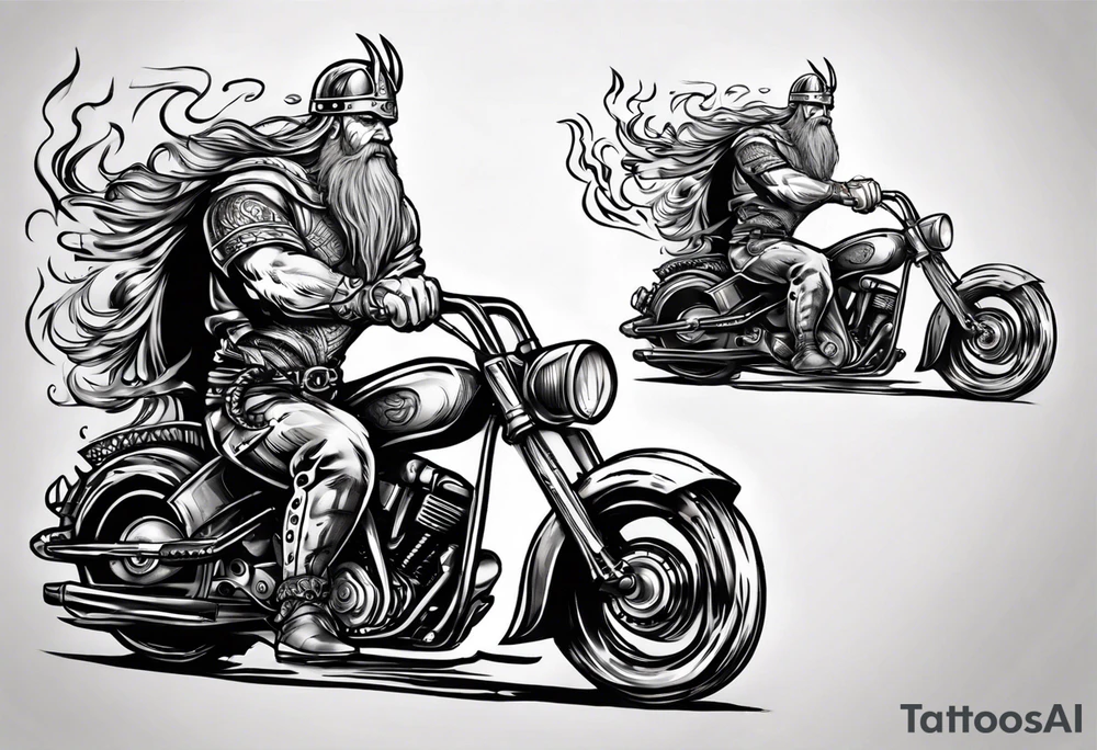 I want a detailed tattoo of a viking with flames driving an old motorcycle and i want the name “Viking Customs” to be in the tattoo tattoo idea