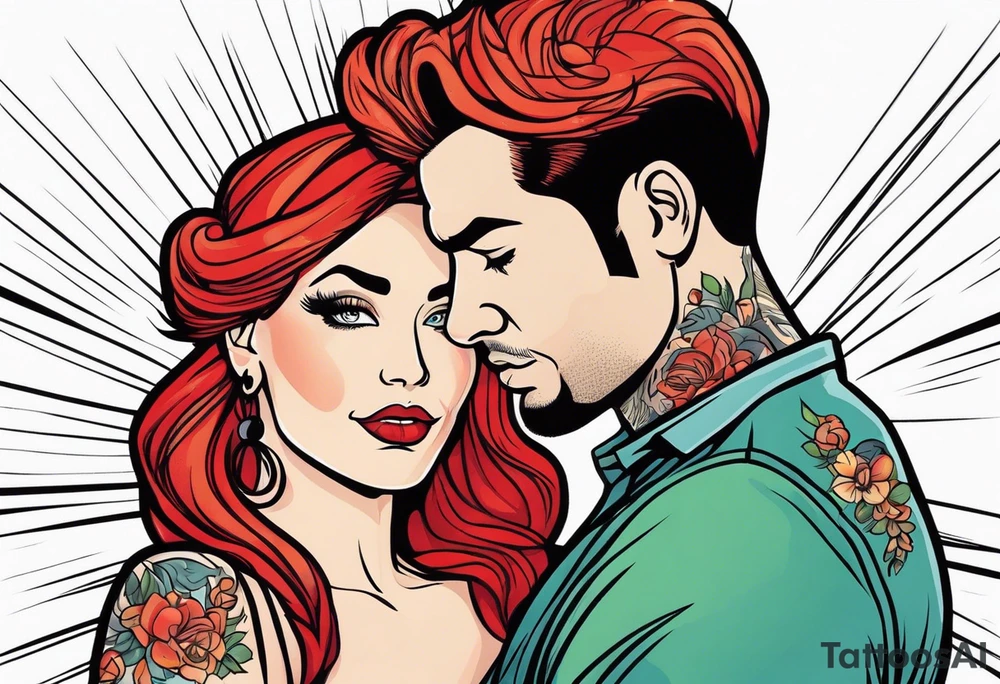 Red haired woman with black haired man tattoo idea