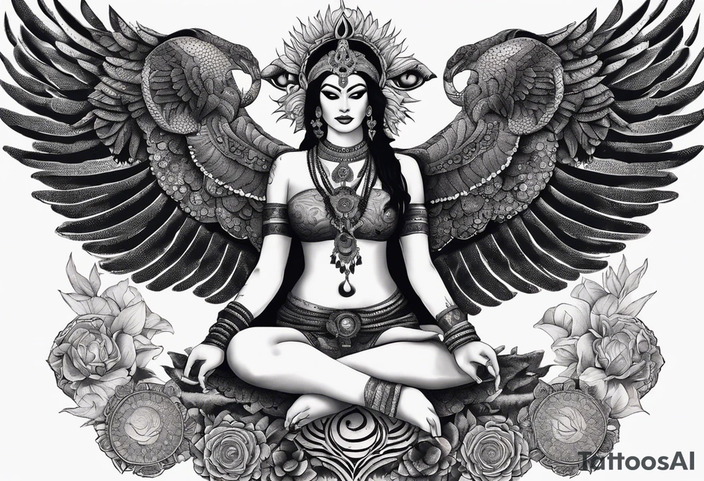 black kali, goddess pirate, alien, angel, pachamama, valkrye, warrior, flying, skull, lotus azul, wing, eagle, zenza resonance, stars, 5D, anahata chakra, death, durga, riding on a tiger, flying lady, kundalini, chest tatoo, samuri, rebel tattoo idea