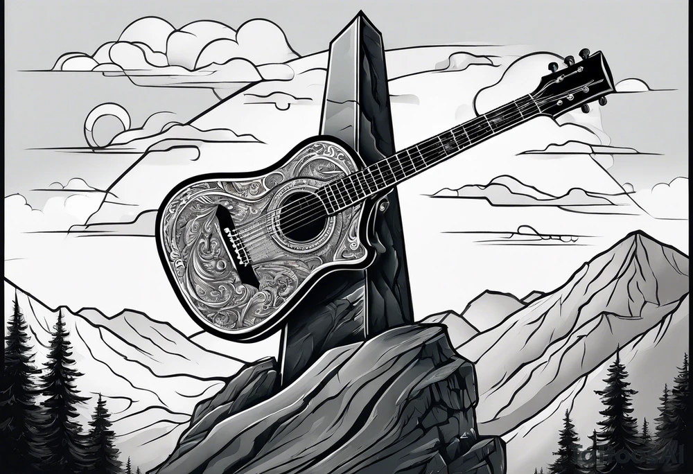 Cross with a guitar leaning on it on a mountain tattoo idea
