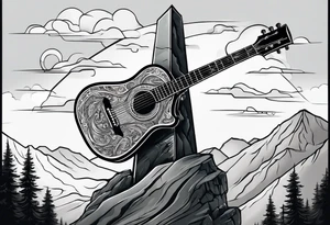 Cross with a guitar leaning on it on a mountain tattoo idea