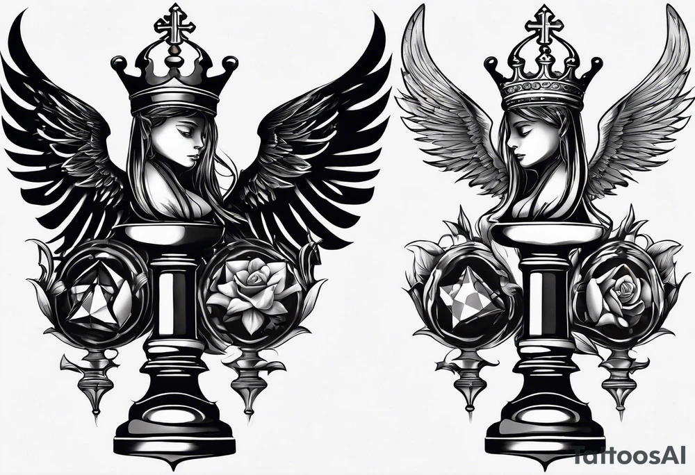 Illustrate an intricately balanced scale where one side represents the angelic forces, and the other represents the demonic forces. The chess pieces can sit on each side, symbolizing the equilibrium between good and evil. tattoo idea