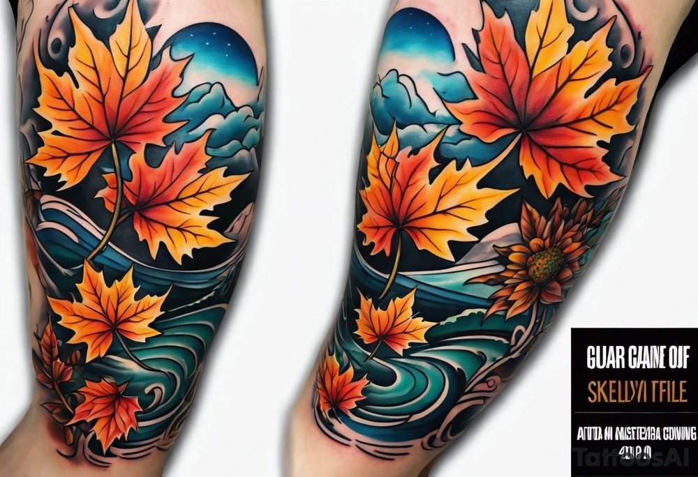 Knee tattoo with fall colors showing leaves, flowers, water flow and sky tattoo idea