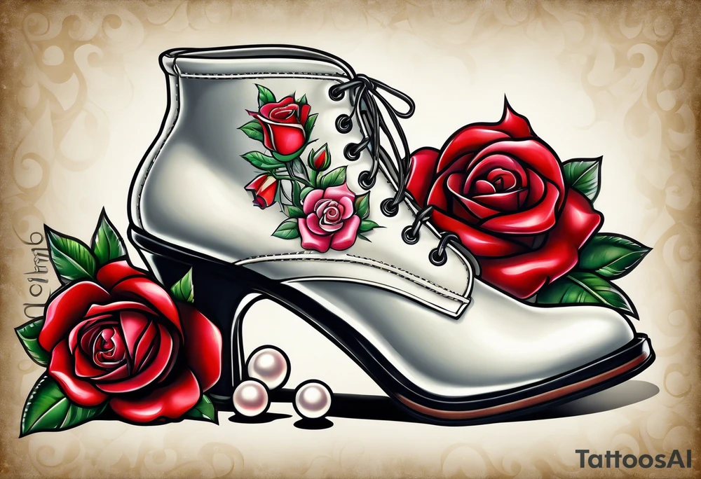 Pearl necklace wrapped around 1950s pinup pumps with roses surrounding tattoo idea