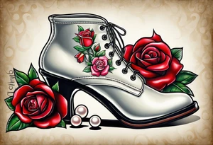 Pearl necklace wrapped around 1950s pinup pumps with roses surrounding tattoo idea