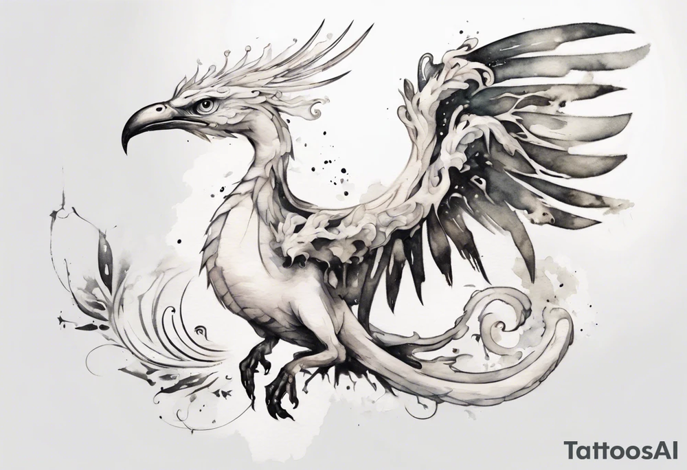 a white bird-serpent hybrid, wearing a small crown on its head, flying in the air tattoo idea
