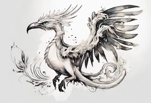 a white bird-serpent hybrid, wearing a small crown on its head, flying in the air tattoo idea