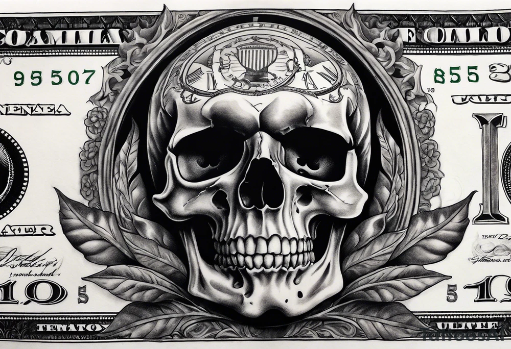 A 100 dollar bill with a skull faced president underneath a burning clock tattoo idea