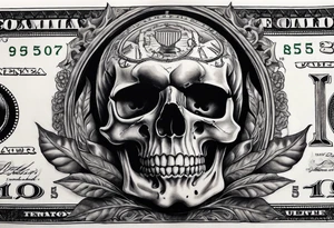 A 100 dollar bill with a skull faced president underneath a burning clock tattoo idea