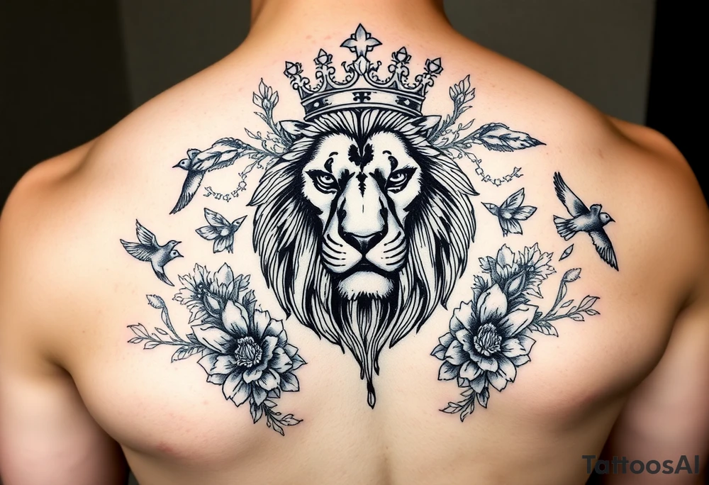 powerful majestic lion with a crown, surrounded by floral ornaments and birds tattoo idea