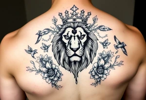 powerful majestic lion with a crown, surrounded by floral ornaments and birds tattoo idea