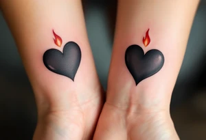 Black hearts with a small red flame above them on each wrist to represent burning love. tattoo idea