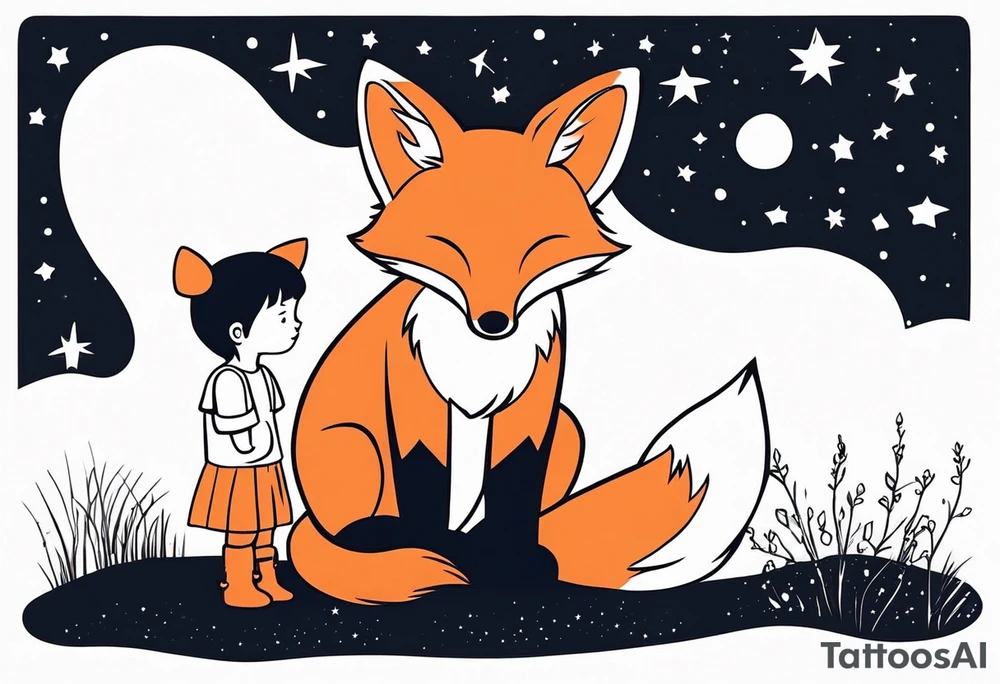 A little girl and a little fox looking at the stars, we see them from behind tattoo idea