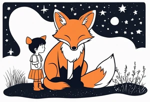 A little girl and a little fox looking at the stars, we see them from behind tattoo idea