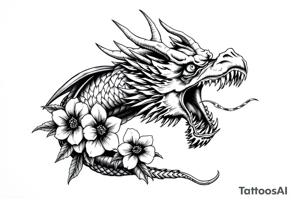 scary dragon with death flowers tattoo idea